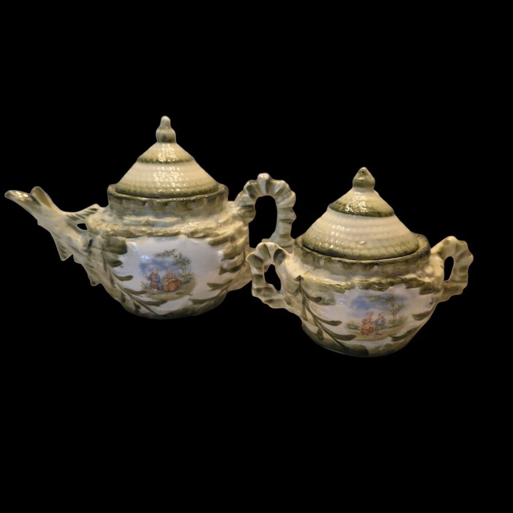Germany Antique Majolica ? Sugar Bowl / Creamer with Lids Hand Painted Handles